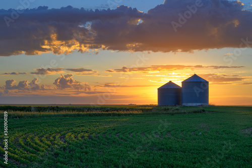 Prairie sunrise on metal grain bins near the city of Moose Jaw  Saskatchewan  Canada