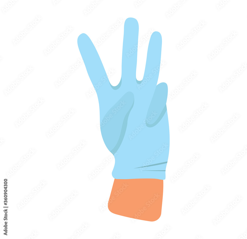 Hand in medical rubber gloves show the number three. Illustration of safety measures against covid-19 virus. Person puts on gloves. Hand in medical rubber gloves show the number three. Illustration of safety measures against covid-19 virus. Person puts on gloves.