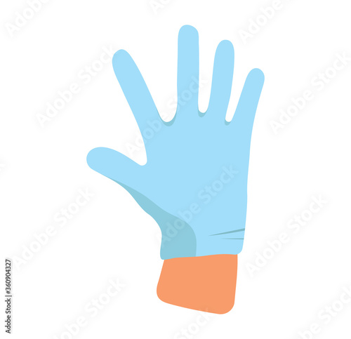 Hand in medical rubber gloves. Illustration of safety measures against covid-19 virus. Person puts on gloves.