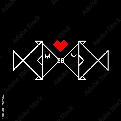 Fish kissing icon origami vector. Male and female fish. Two Fish In love flat design icon vector. Geometry fish design vector icon on black background. Valentine concept.