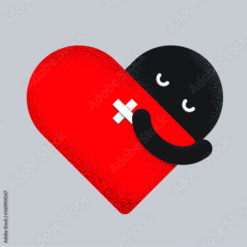 Broken red heart with injury tape plaster healing icon. Taking care of heart, healing heart, love and valentine concept.