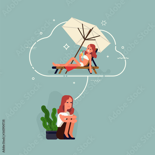 Tired from being stuck at home woman dreams about warm and relaxing summer time