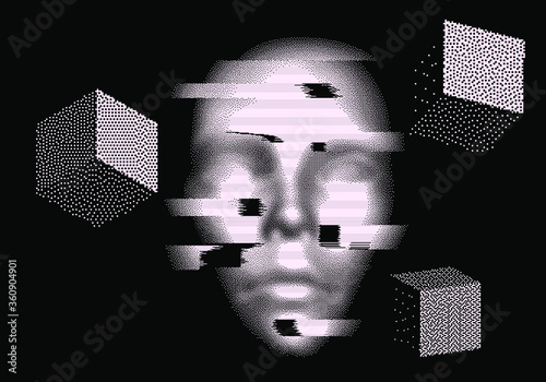 Abstract technology background with 3D face mask in pixel art style. Conceptual illustration of Artificial intelligence.