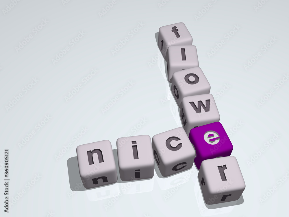 crosswords of NICE FLOWER arranged by cubic letters on a mirror floor, concept meaning and presentation. background and beautiful crosswords of NICE FLOWER arranged by cubic letters on a mirror floor, concept meaning and presentation. background and beautiful