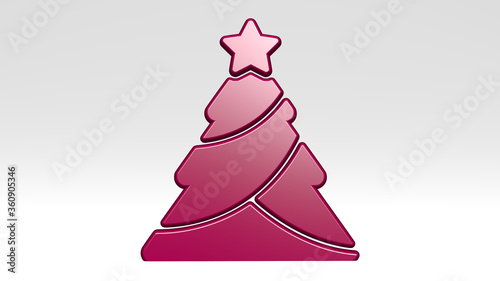 Christmas tree made by 3D illustration of a shiny metallic sculpture on a wall with light background. celebration and abstract photo