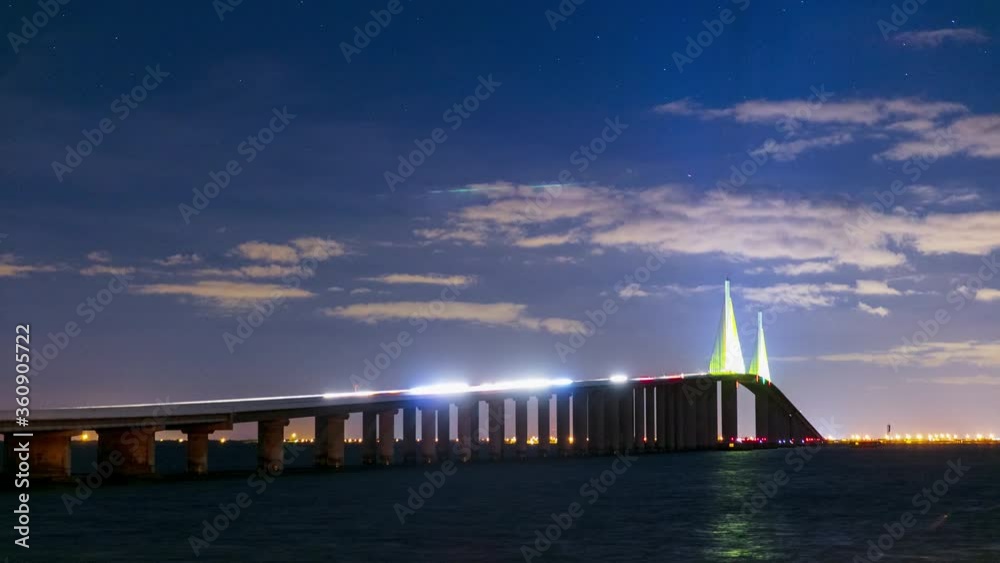 Skyway Bridge at night time lapse in Tampa Bay Florida