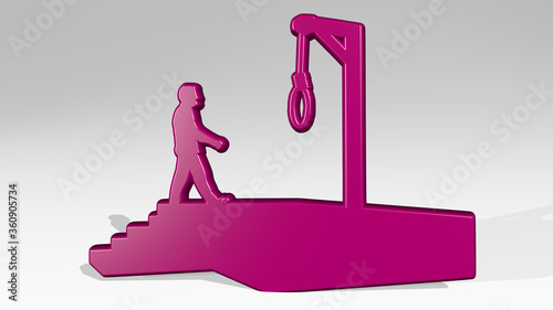 MAN WALKING TO HANGING POLE made by 3D illustration of a shiny metallic sculpture on a wall with light background. beautiful and people photo