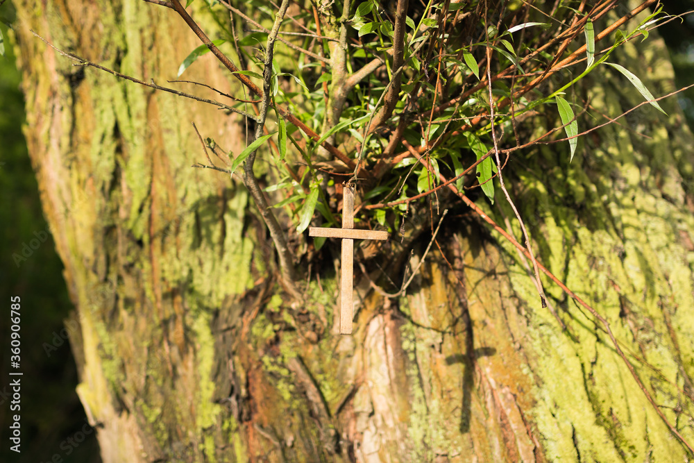 Cross on the tree with its shadow. Cross on the tree with its shadow.