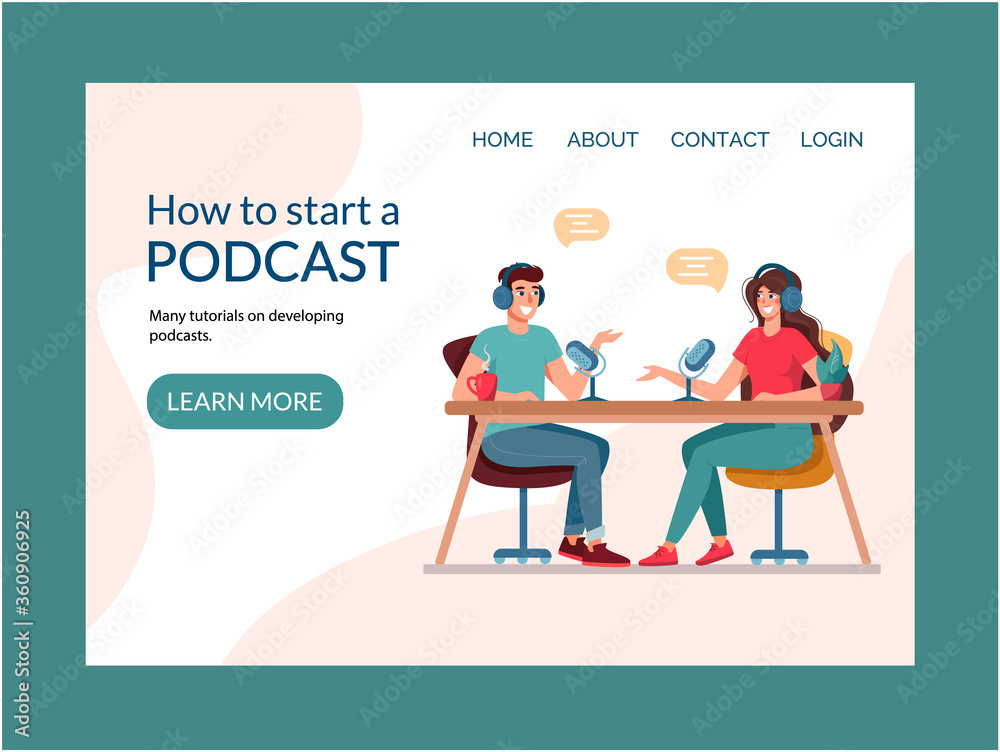 A blogger is recording audio. Layout webpage for learning podcast recordings. The girl writes a podcast, conducts a webinar, online courses, the concept of an educational podcast. Vector, isolated. A blogger is recording audio. Layout webpage for learning podcast recordings. The girl writes a podcast, conducts a webinar, online courses, the concept of an educational podcast. Vector, isolated.