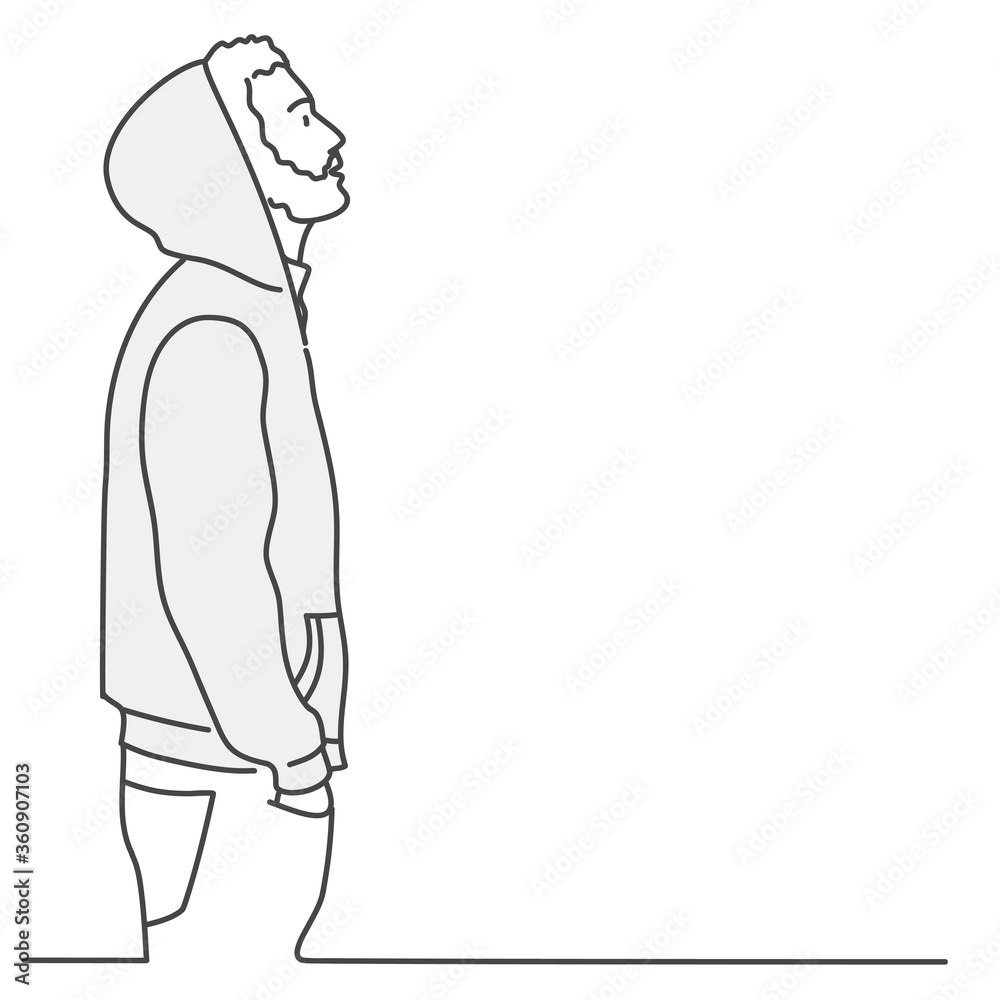 Guy in a hoodie is looking up. Line drawing vector illustration. Guy in a hoodie is looking up. Line drawing vector illustration.