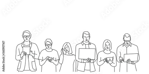 Group of people are using phone, tablet, laptop. Line drawing vector illustration.