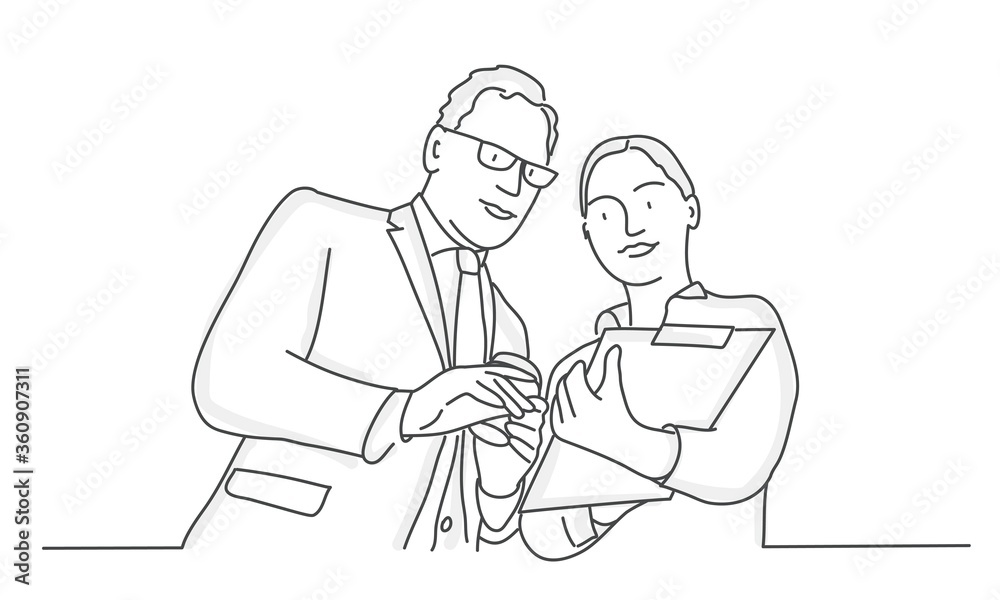 Business people discuss their work. Line drawing vector illustration.