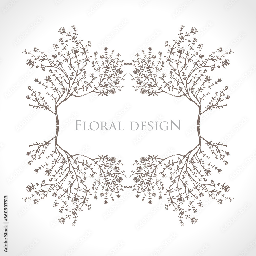 Floral Design. Beautiful horizontal frame. Hand drawn flowering branches of wild herbs.
