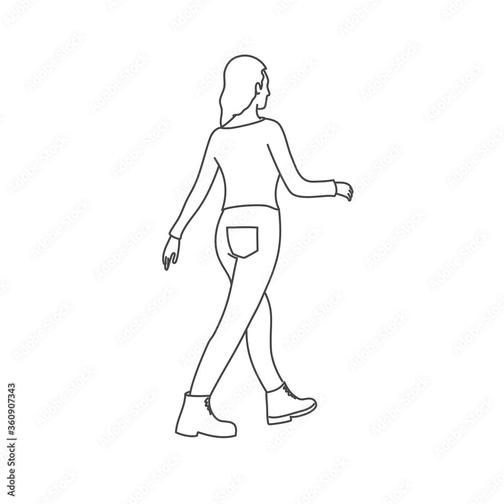 Walking girl. Rear View. Line drawing vector illustration.