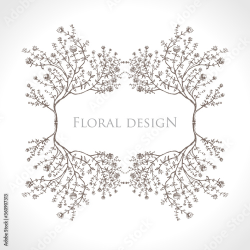Floral Design. Beautiful horizontal frame. Hand drawn flowering branches of wild herbs. 