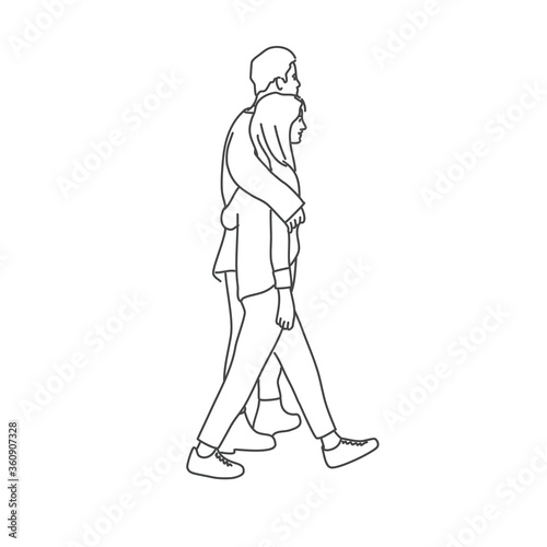 Young couple walk hugging each other. Line drawing vector illustration.