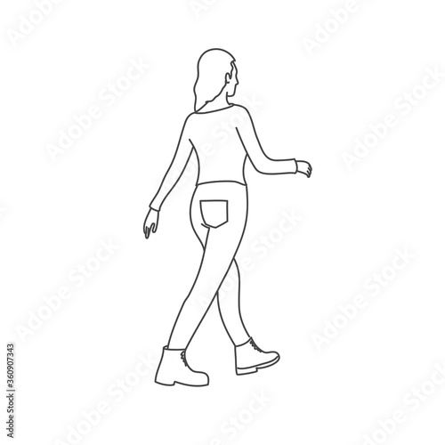 Walking girl. Rear View. Line drawing vector illustration.