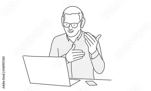Young man in headphones and glasses talking in a video conference. Line drawing vector illustration.