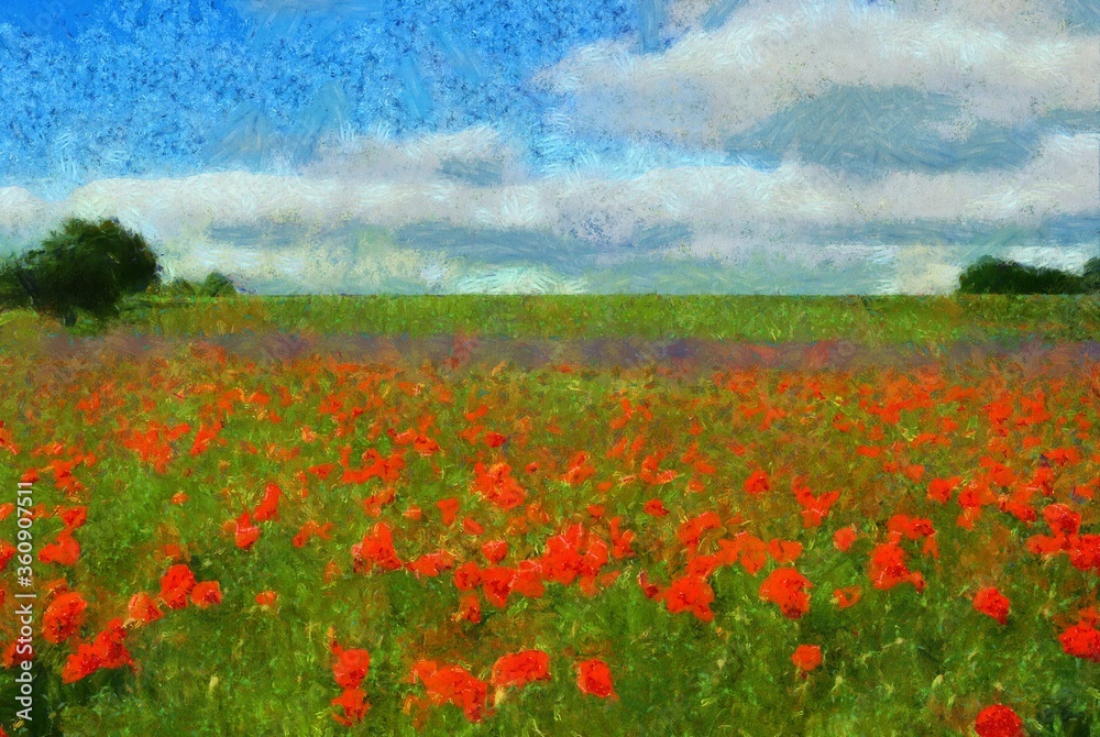 Paintings landscape, field of poppies and sky