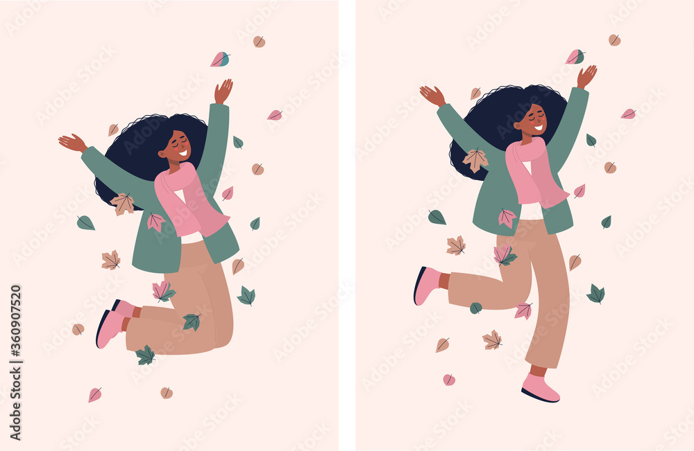 Set of vector happy afro woman jumping and smiling with autumn leaves