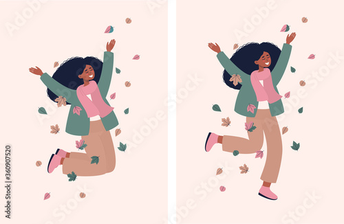 Set of vector happy afro woman jumping and smiling with autumn leaves