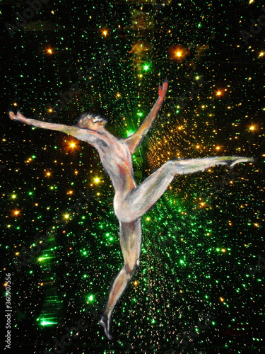 Female dancer or gymnast, Impressionist painting , joyful dancing in surreal colours, with digital stars, starlight yellow , red, green and black background