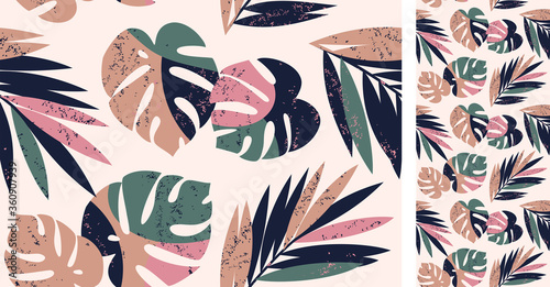 Vector seamless tropical pattern with monstera and palm leaves