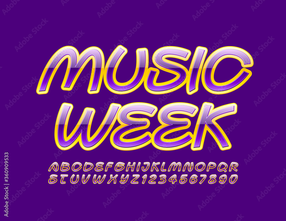 Vector bright poster Music Week. Glossy handwritten Font. Creative ALphabet Letters and Numbers