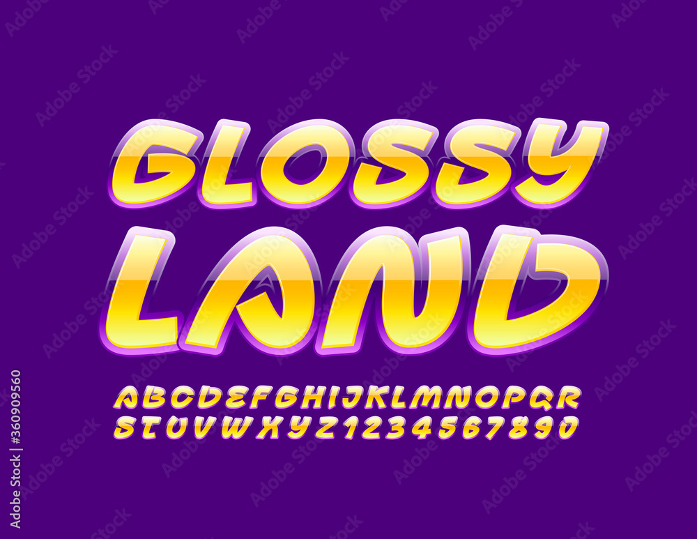 Vector bright poster Glossy Land with Creative Shiny Font. Violet and Yellow Alphabet Letters and Numbers