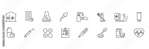 Set of outline icons about pharmacy, medicine. Simple symbols with black color contour. Vector illustration. EPS 10