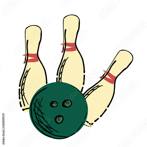 Retro green bowling ball and cones sketch drawing 