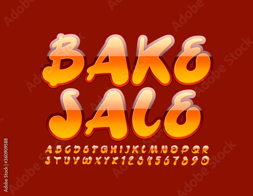 Vector business sign Bake Sale with Bright Glossy Font. Artistic creative Alphabet Letters and Numbers