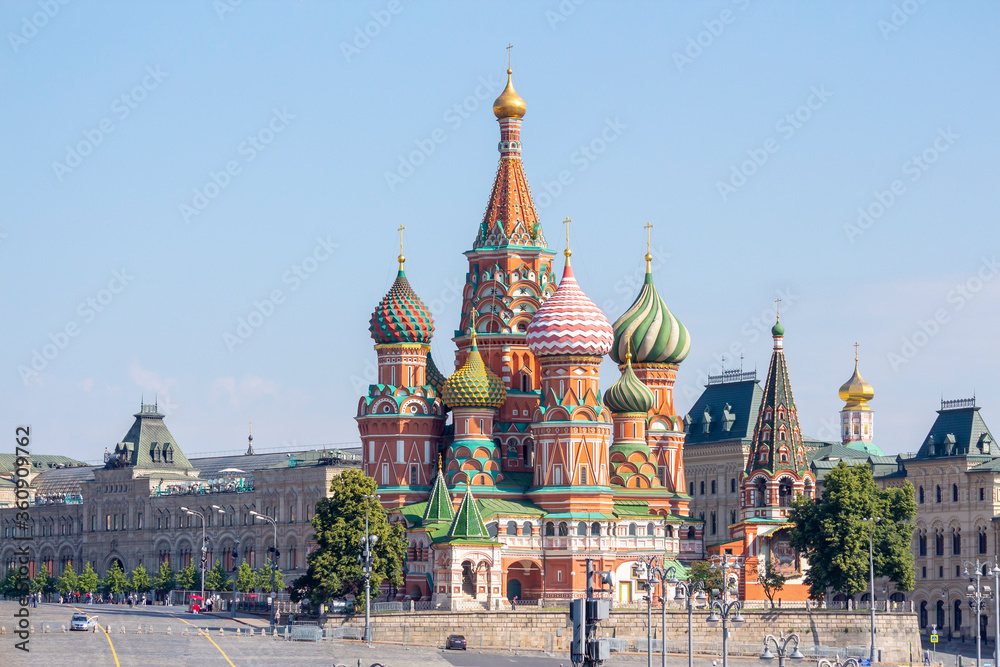 View of Saint Basil's Cathedral (or Cathedral of Vasily the Blessed) on Red Square on a summer morning in Moscow, Russia. Theme of travel in Russia.