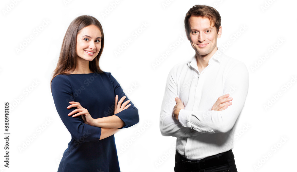 Business woman and man on white background. crossing arms. Smiling happy couple on white background facing camera. Business portrait of two people. Team work couple. husband and wife on white.