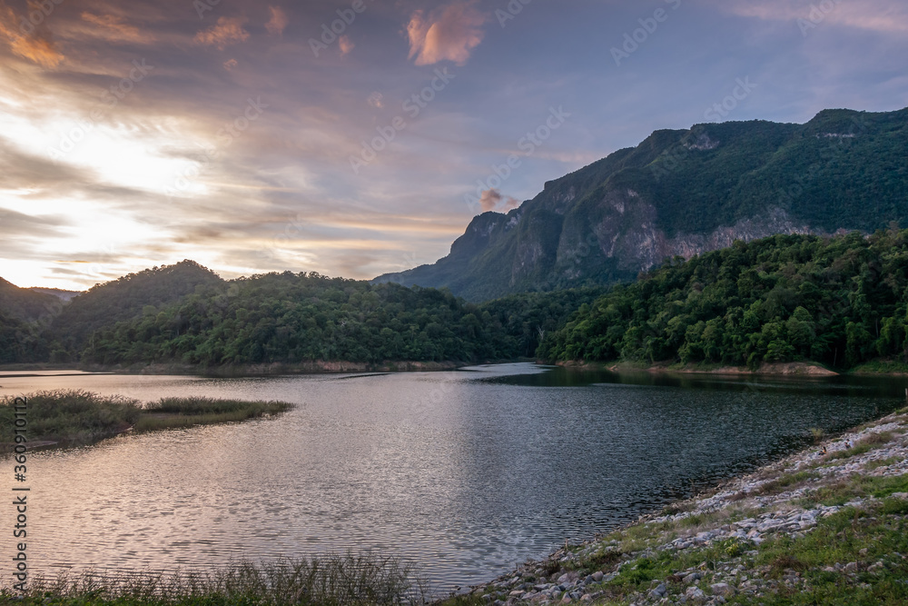 View of Mae Khon Reservoir at sunset in Chiang Dao , Chiang Mai province, Thailand