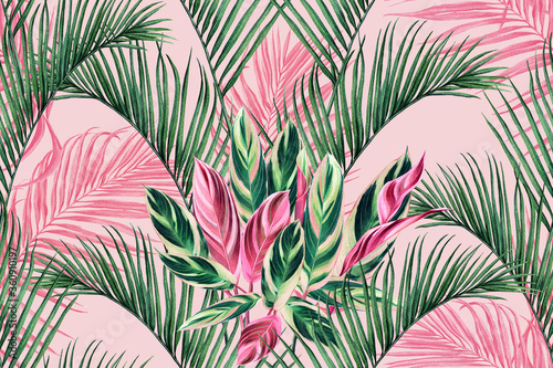 Watercolor painting colorful coconut green pink leaves seamless pattern background.Watercolor hand drawn illustration tropical exotic leaf prints for wallpaper textile Hawaii aloha summer style..