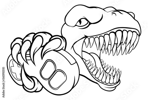 A dinosaur T Rex or raptor gamer player cartoon animal sports mascot holding a video game controller in its claw
