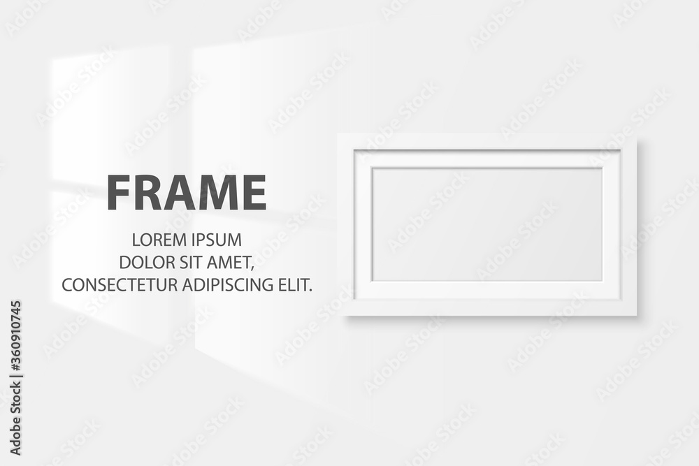 Vector 3d Realistic White Horizontal Wooden Simple Modern Frame Icon Closeup Isolated on White Wall Background with Window Light. It can be used for presentations. Design Template, Mockup, Front View Vector 3d Realistic White Horizontal Wooden Simple Modern Frame Icon Closeup Isolated on White Wall Background with Window Light. It can be used for presentations. Design Template, Mockup, Front View