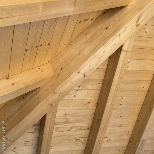 Wooden ceiling with exposed beams