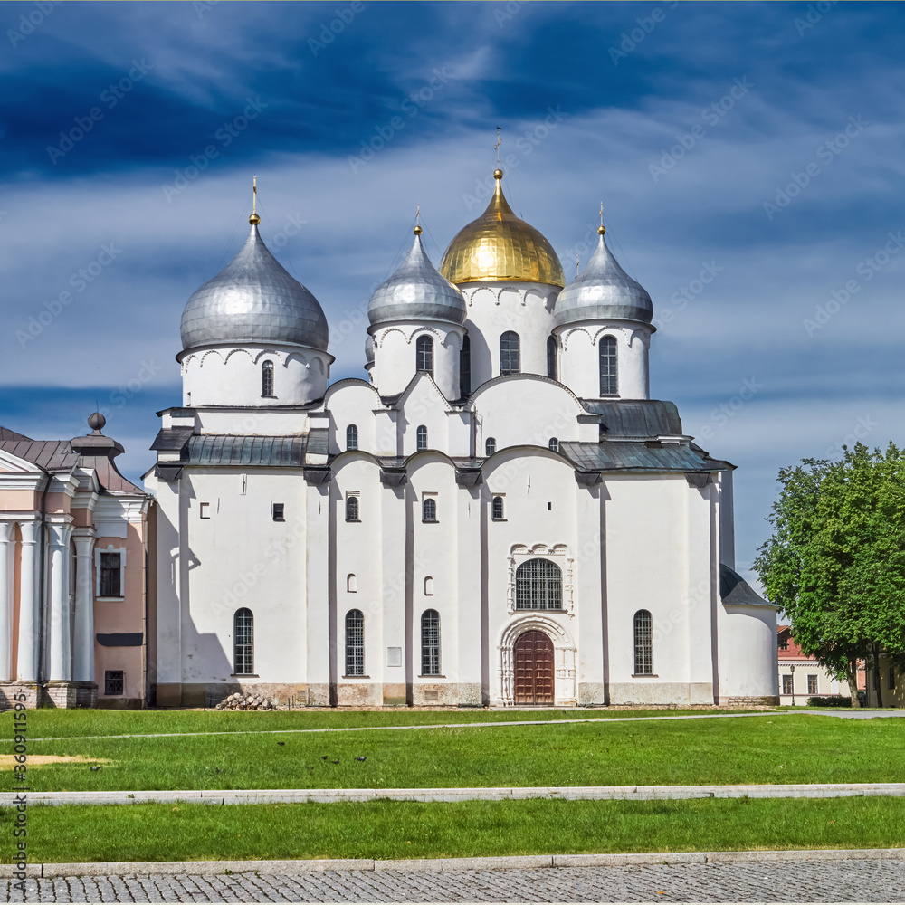 Cathedral of St. Sophia the Wisdom of God in Veliky Novgorod, Russia. Ancient church in the Detinets or Kremlin in Veliky Novgorod, Russia
