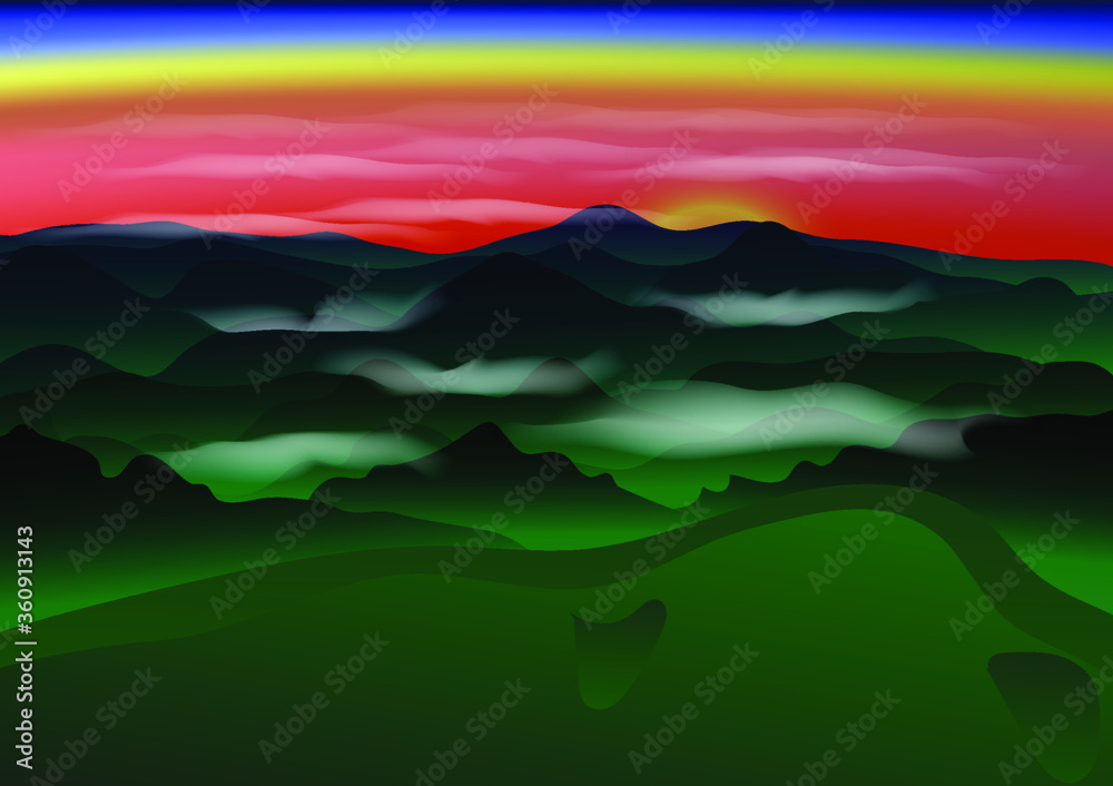 Sunset mountains cloudy landscape with mesh colors