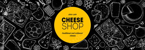 Cheese design template. Hand drawn sketch. Retro food background. Different cheese kinds banner. Dairy farm products cheese.