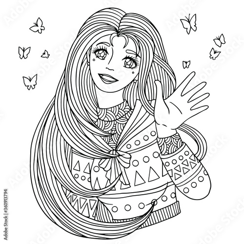 Smiling beauty with long hair is among butterflies. Vector outline illustration for coloring book pages for adults, print, decoration. Girl portrait. Anime style.