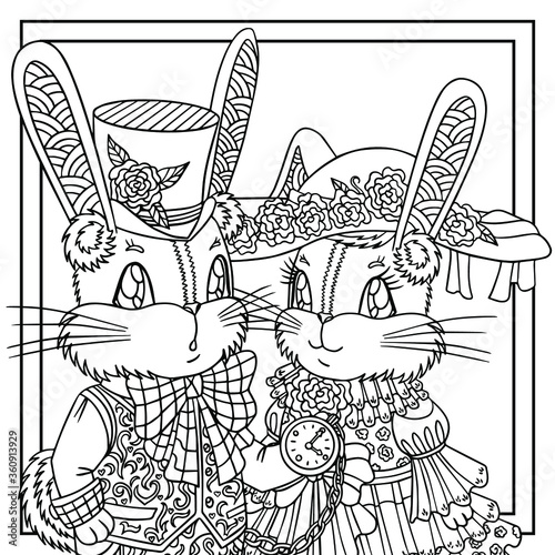 Fairy tale for kids. Funny rabbits in beautiful ornamental decorated costumes. Vector outline graphic illustration for coloring book pages. For relaxing, print, books.