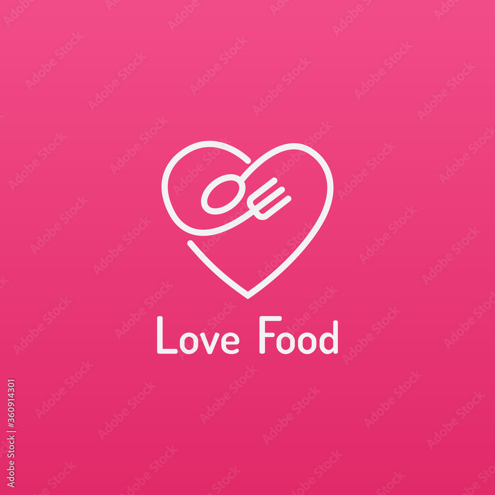 Love Food Logo. Image of a heart formed from a spoon and fork  in a line style.