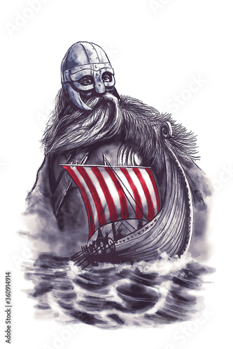 viking warrior and viking ship sailing on the sea - drawing