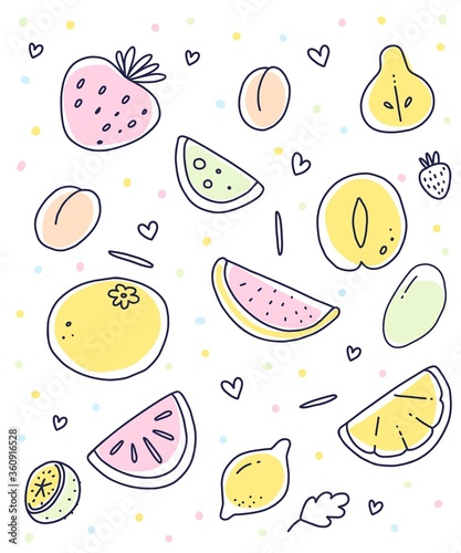 Vector illustration of many colorful fruits on white background