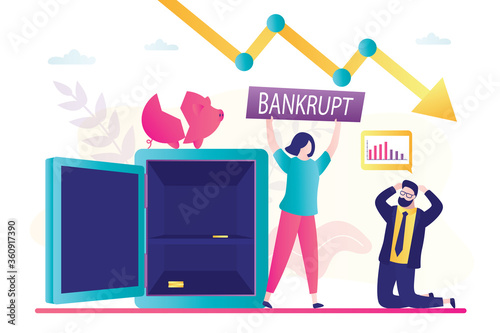 Accountant woman declares company bankruptcy. Male character investor loss savings. Falling profits,