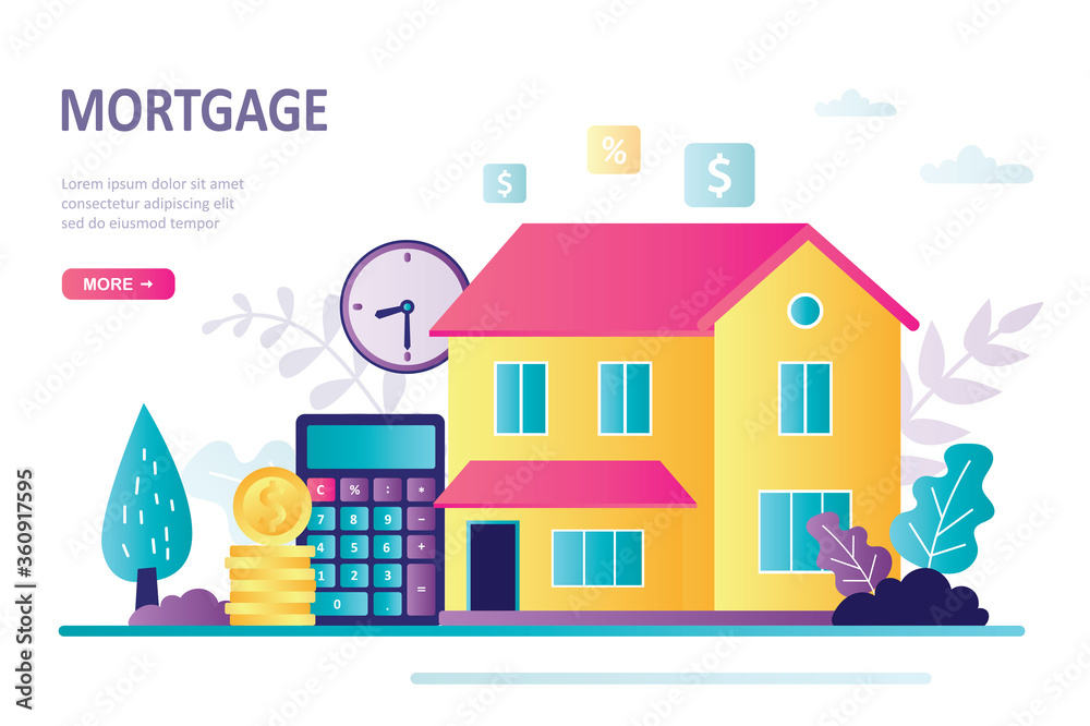 Landing page about home loan. Calculator, gold coins and construction. Mortgage concept, buying house and real estate