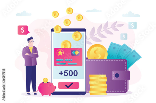 Man client received new bonuses on virtual card. Loyalty program, cashback and earn points. Reward program, bonus card and male character